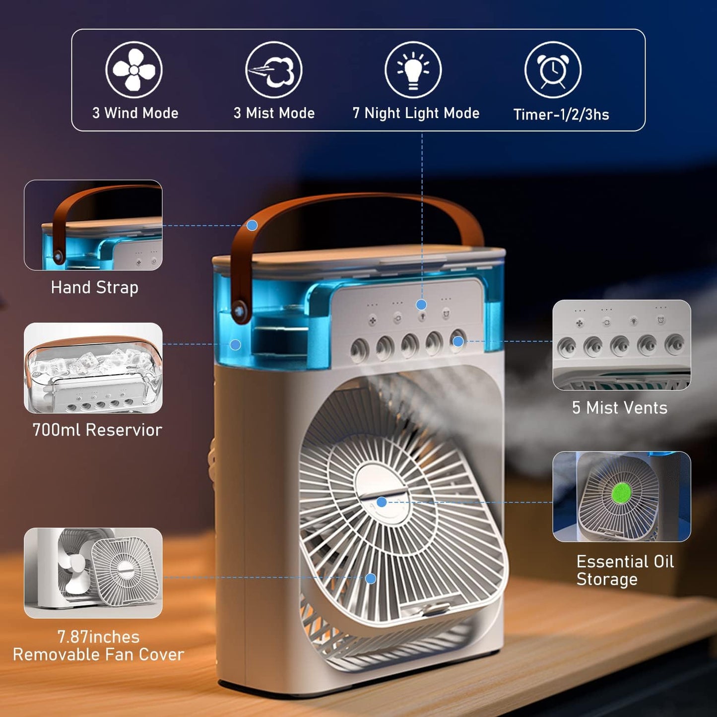 USB-Powered Portable Air Conditioner Fan with LED Night Light, Fine Mist Spray, and Humidifier Function