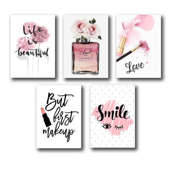 Set of 5 Makeup-Themed Wall Art Prints – Fun & Stylish Décor for Girls' Rooms and Vanities