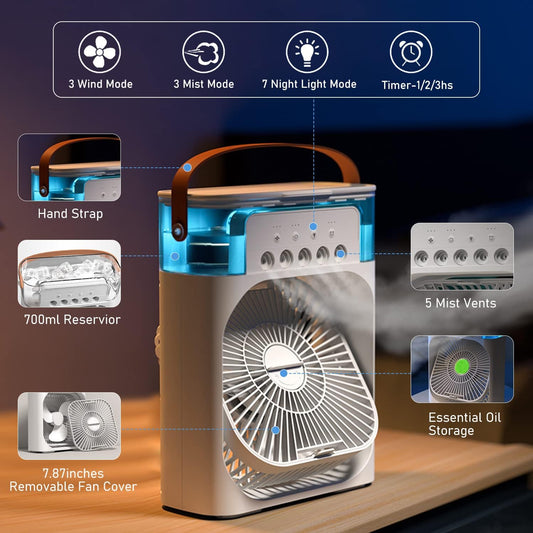 USB-Powered Portable Air Conditioner Fan with LED Night Light, Fine Mist Spray, and Humidifier Function