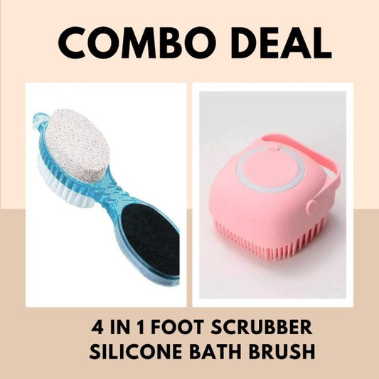 Combo Deal Of 4 In 1 Foot Scrubber – 4 Step Pedicure (cleanse, Scrub, File And Buff) + Silicone Bath Brush