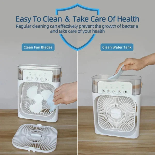 USB-Powered Portable Air Conditioner Fan with LED Night Light, Fine Mist Spray, and Humidifier Function